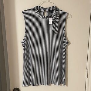Ann Taylor Factory Black & White Vertical Stripe Sleeveless Tie Neck Top